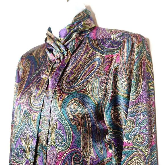Vintage Tess Paisley Secretary Blouse Sz 4P Purple Teal Gold Shoulder Pads - Picture 3 of 7